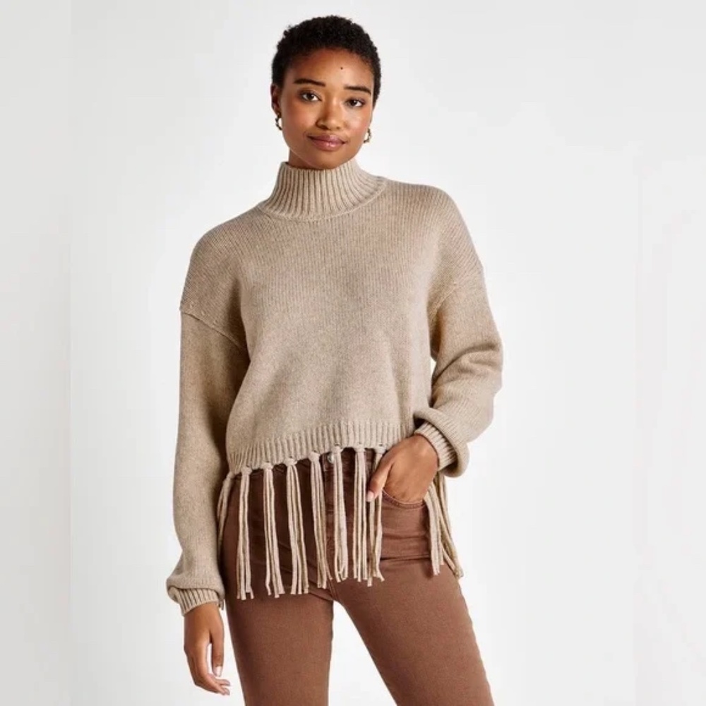 ~Splendid Riley Jersey Knit Fringe Boxy Mock‎ Neck Sweater